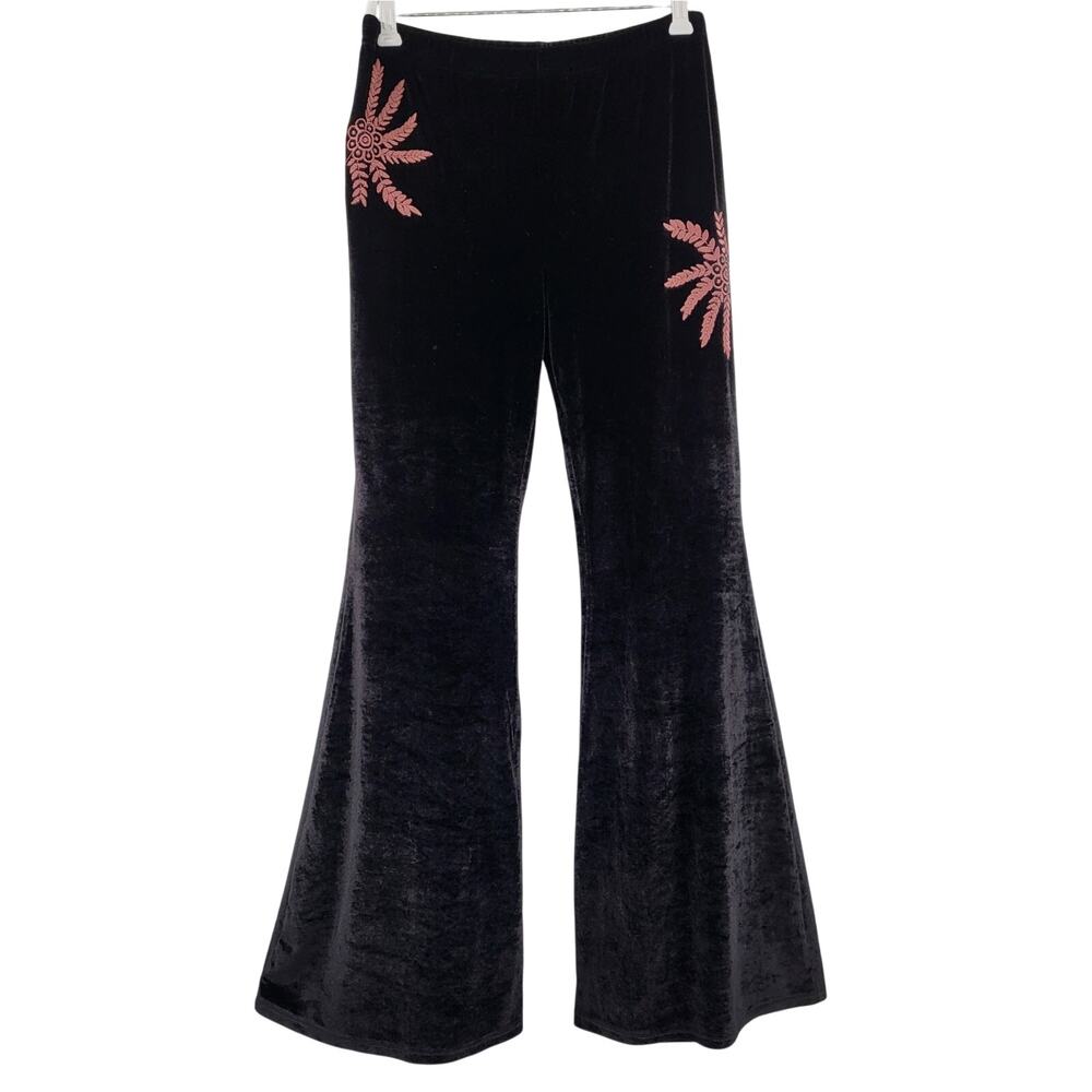 Solitaire by Ravi Khosla Black Velvet Pink Embroidered Flared Pants Women's M